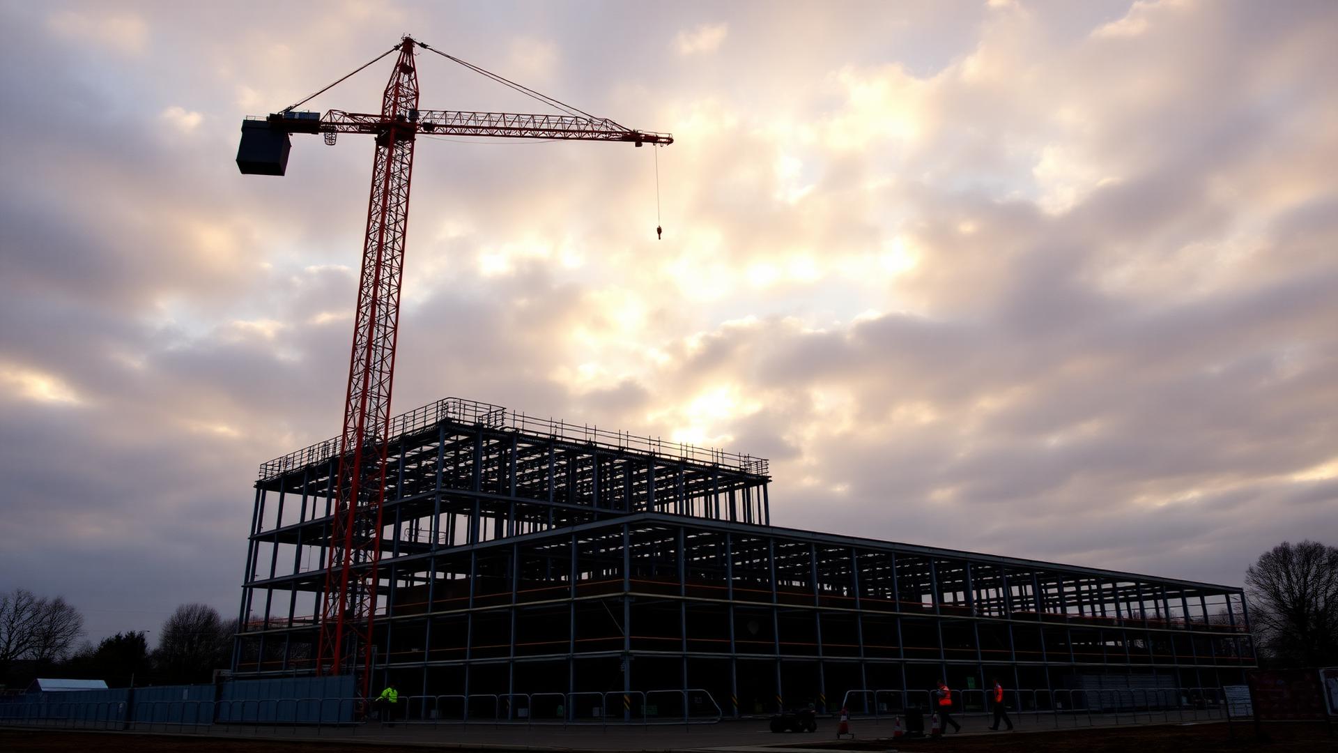 Steel frame commercial building under construction with a tower crane at dusk